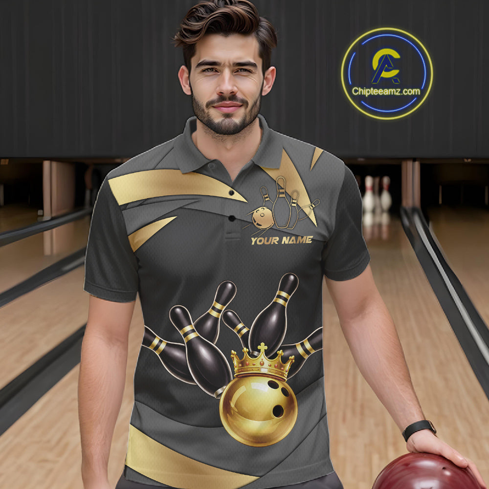Black And Gold Bowling Shirt For Men Custom Crown Bowling Jersey, Bowling League Polo & 1/4 Zip TDM6379