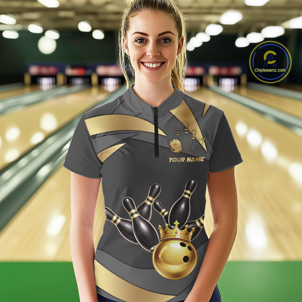 Black And Gold Bowling Shirt For Women Custom Crown Bowling Jersey, Bowling League Polo & 1/4 Zip TDM6379