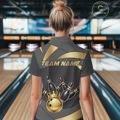 Black And Gold Bowling Shirt For Women Custom Crown Bowling Jersey, Bowling League Polo & 1/4 Zip TDM6379