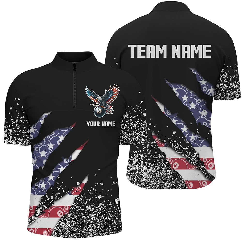 Custom Ball 8 US Flag Black Grunge Men Billiard Polo & Quarter-Zip Shirt Best Billiard Team Jersey TDM1649