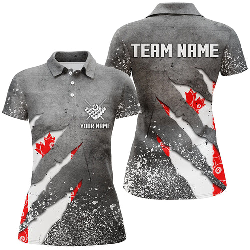 Custom Ball 8 Canada Flag Grey Grunge Women Billiard Polo & 1/4 Zip Shirt Best Billiard Team Jersey TDM1650