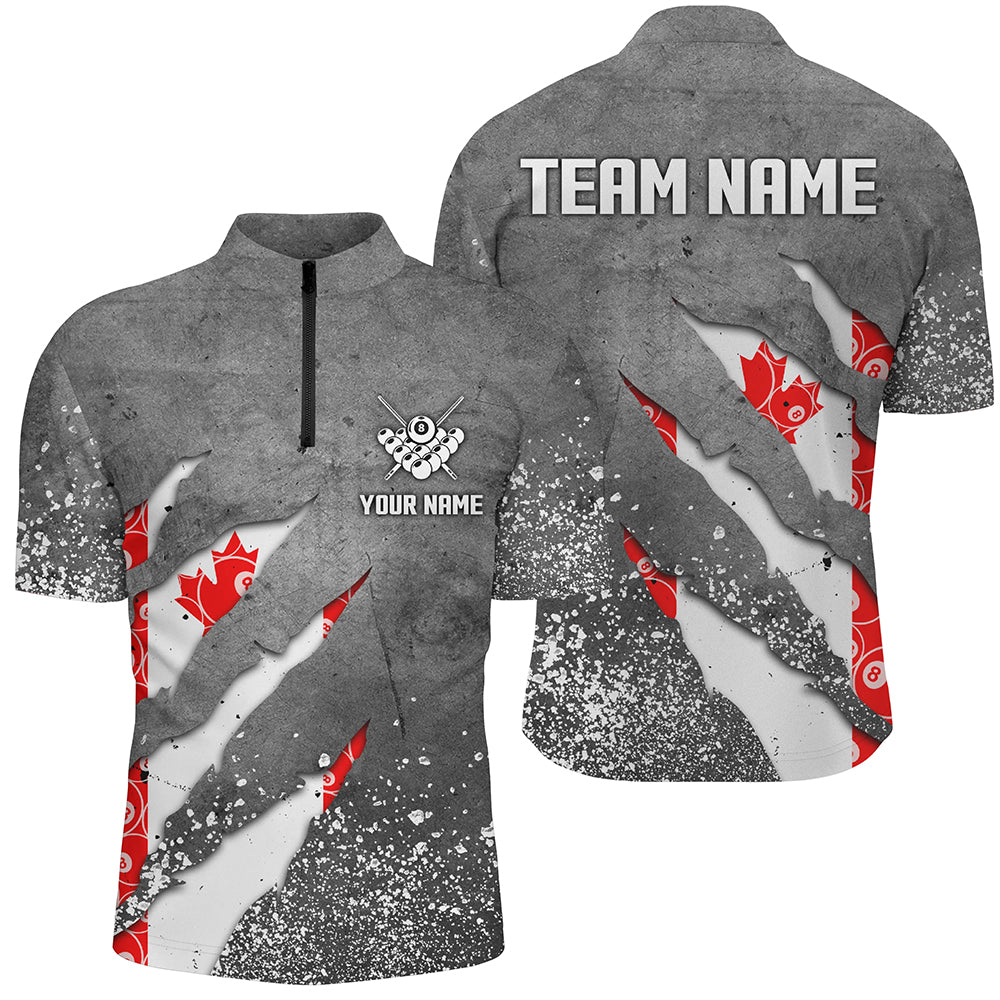 Custom Ball 8 Canada Flag Grey Grunge Men Billiard Polo & 1/4 Zip Shirt Best Billiard Team Jersey TDM1650