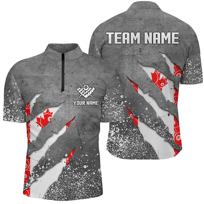 Custom Ball 8 Canada Flag Grey Grunge Men Billiard Polo & 1/4 Zip Shirt Best Billiard Team Jersey TDM1650
