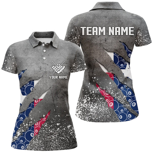 Custom Ball 8 Texas Flag Grey Grunge Women Billiard Polo & 1/4 Zip Shirt Best Billiard Team Jersey TDM1651