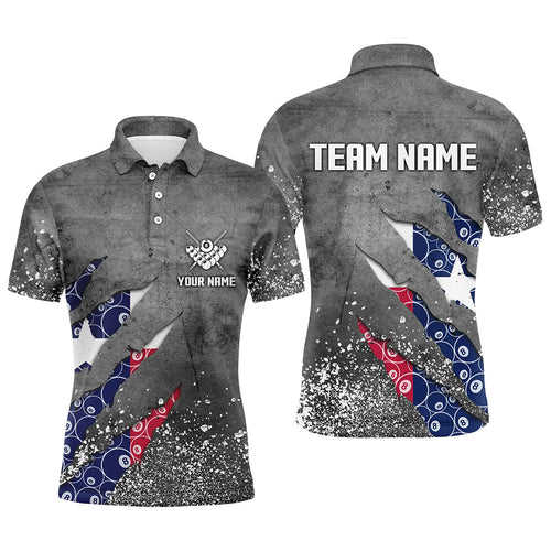 Custom Ball 8 Texas Flag Grey Grunge Men Billiard Polo & 1/4 Zip Shirt Best Billiard Team Jersey TDM1651