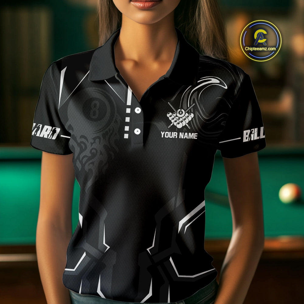 Customized 8 Ball Pool Crown Women Billiard Shirt, White And Black Billiard Team Shirt, Pool Jersey TDM4053