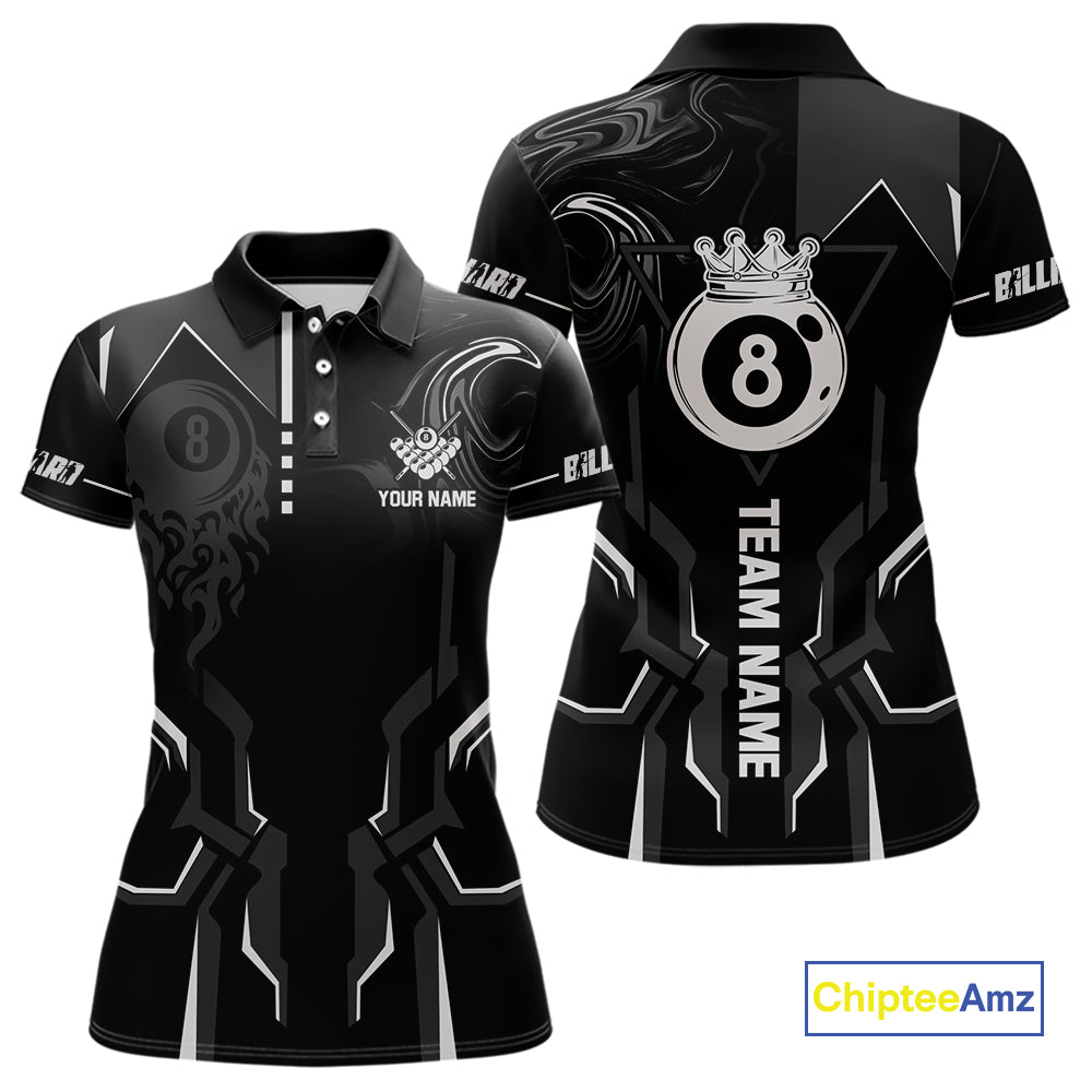 Customized 8 Ball Pool Crown Women Billiard Shirt, White And Black Billiard Team Shirt, Pool Jersey TDM4053