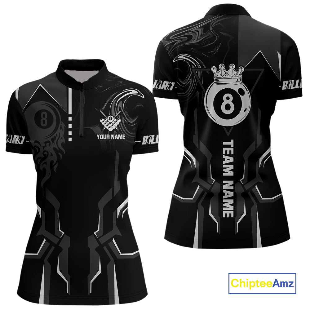 Customized 8 Ball Pool Crown Women Billiard Shirt, White And Black Billiard Team Shirt, Pool Jersey TDM4053
