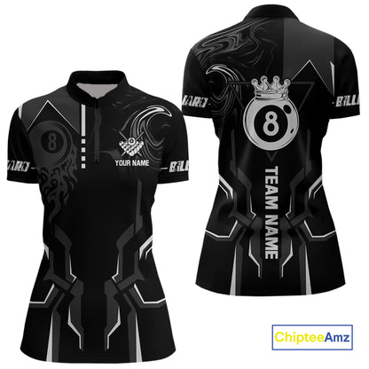 Customized 8 Ball Pool Crown Women Billiard Shirt, White And Black Billiard Team Shirt, Pool Jersey TDM4053