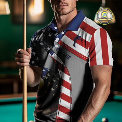 Custom Men's 8 Ball Billiard Shirts, American Flag Polo & 1/4 Zip Patriotic Pool Team Jerseys TDM4055
