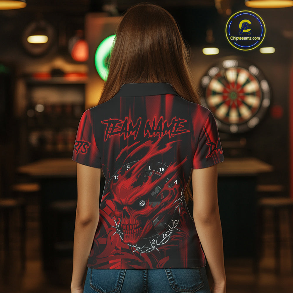 Personalized Skull Darts Shirt For Women Custom Black And Red Darts Team Jerseys Polo & 1/4 Zip TDM4403