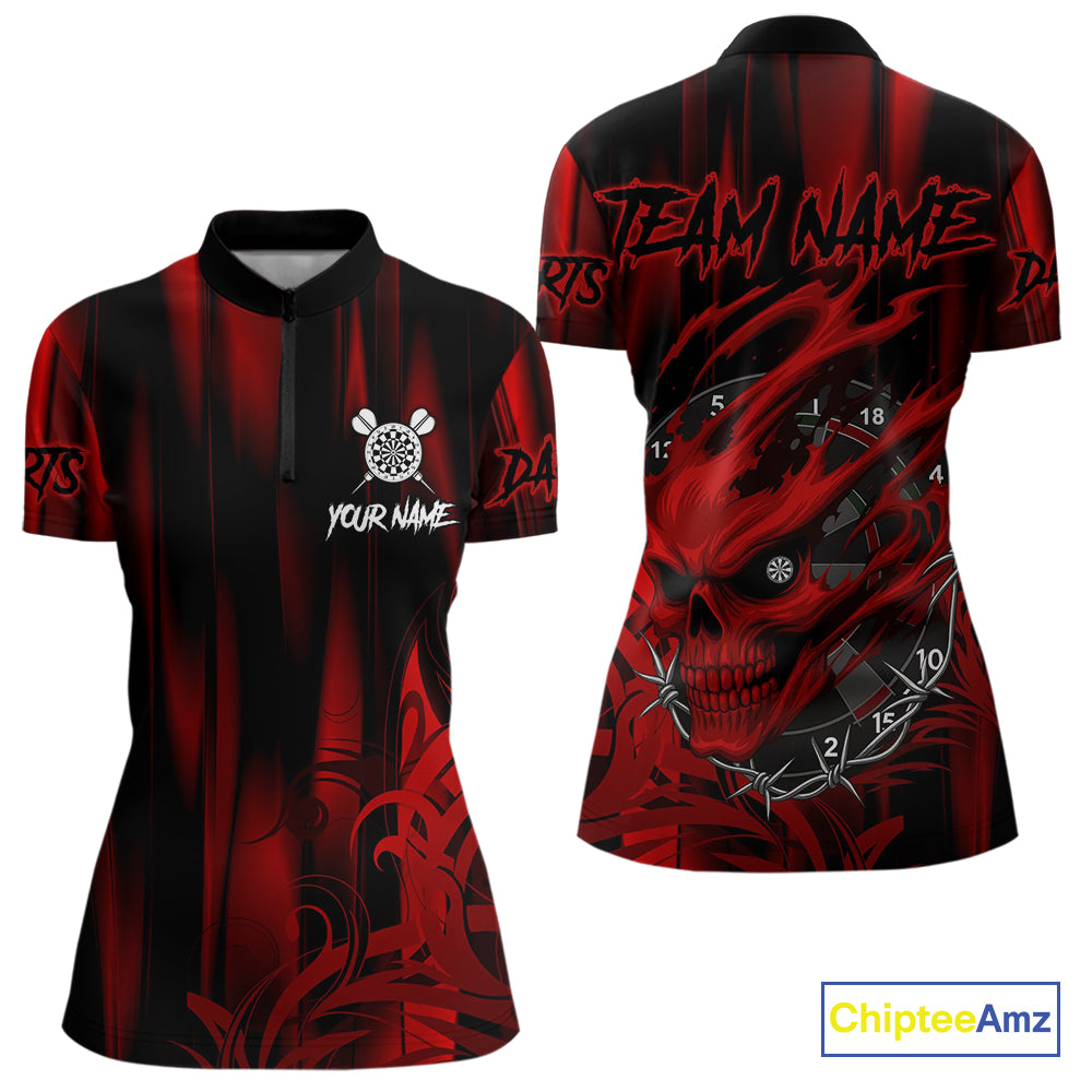 Personalized Skull Darts Shirt For Women Custom Black And Red Darts Team Jerseys Polo & 1/4 Zip TDM4403