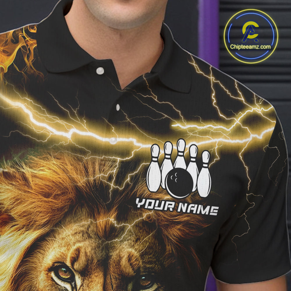 Close-up of personalized yellow lightning thunder lion bowling team jersey polo shirt featuring collar, buttons and yellow lightning lion artwork.