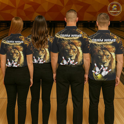 Bowling team wearing matching personalized yellow lightning thunder lion bowling team jerseys, back view.