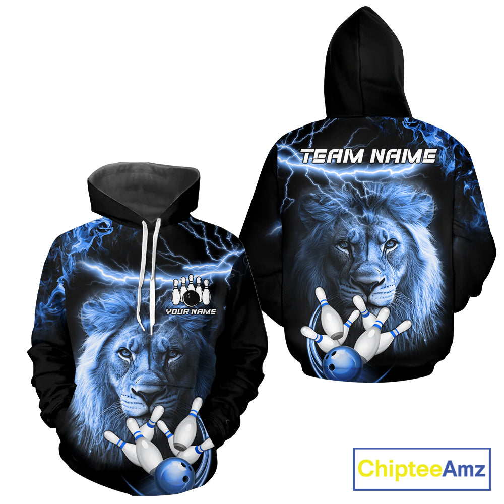 Personalized Blue Lightning Thunder Lion Bowling Hoodie Jersey For Men Women, Bowling Team Shirt TDM7056