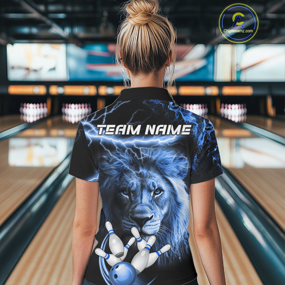 Woman wearing personalized blue lightning thunder lion bowling team jersey polo shirt featuring blue lightning lion artwork, back view.