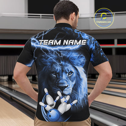 Man wearing personalized blue lightning thunder lion bowling team jersey quarter zip shirt featuring blue lightning lion artwork, back view.