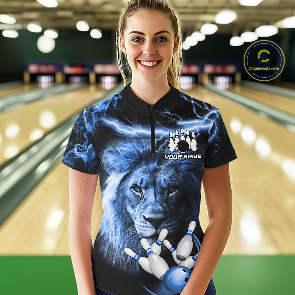 Woman wearing personalized blue lightning thunder lion bowling team jersey quarter zip shirt featuring blue lightning lion artwork, front view.