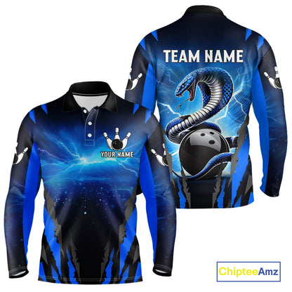 Personalized Blue Thunder Lightning Cobra Snake Bowling Shirts For Men, Bowling Team Jersey TDM4643
