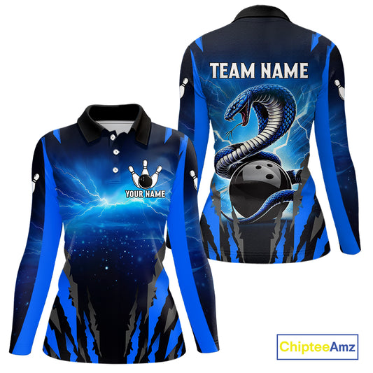 Personalized Blue Thunder Lightning Cobra Snake Bowling Shirts For Women, Bowling Team Jersey TDM4643