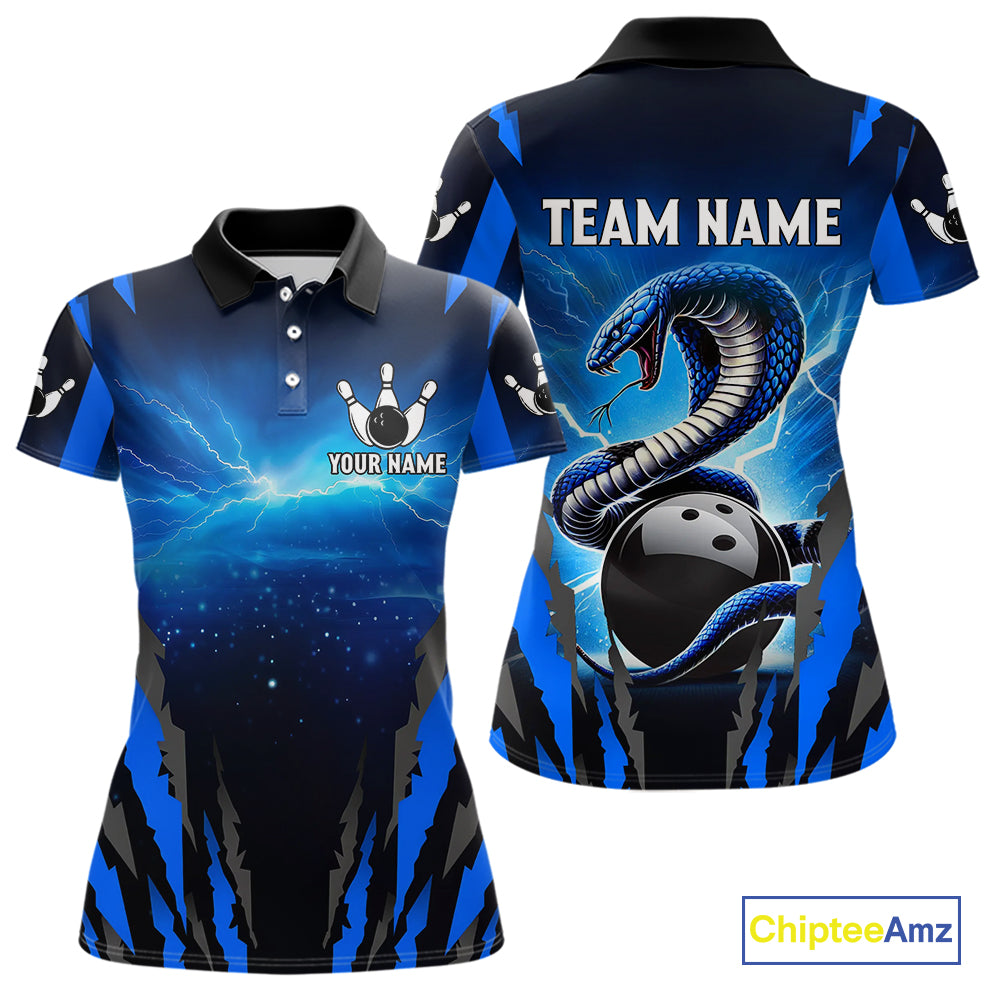 Personalized Blue Thunder Lightning Cobra Snake Bowling Shirts For Women, Bowling Team Jersey TDM4643