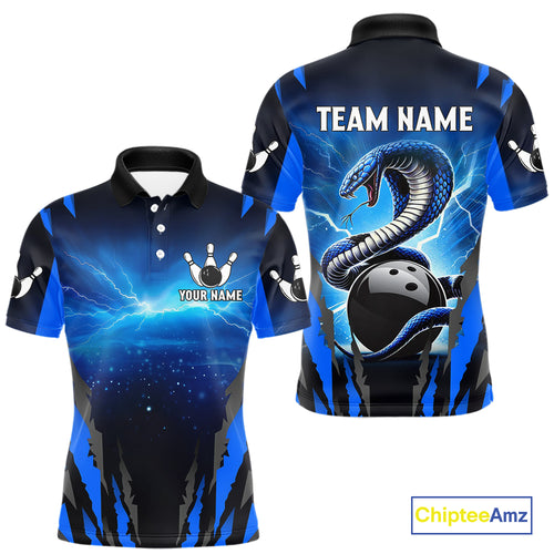 Personalized Blue Thunder Lightning Cobra Snake Bowling Shirts For Men, Bowling Team Jersey TDM4643