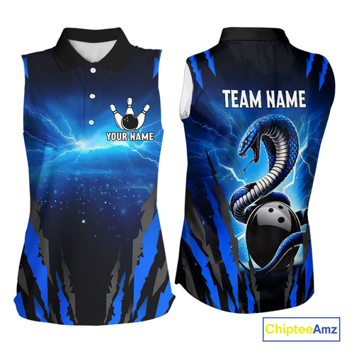 Personalized Blue Thunder Lightning Cobra Snake Bowling Sleeveless Polo Shirt, Bowling Jersey TDM4643