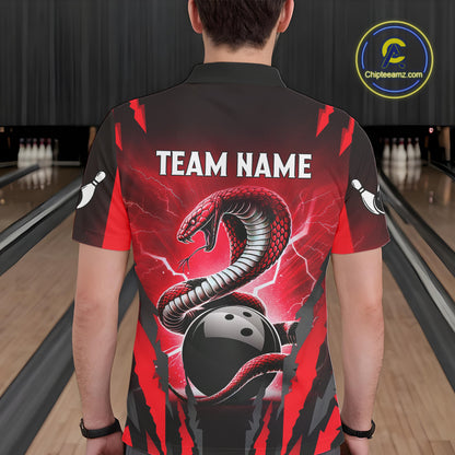 Personalized Thunder Lightning Cobra Snake Bowling Shirts For Men, Red Bowling Team Jersey TDM4644