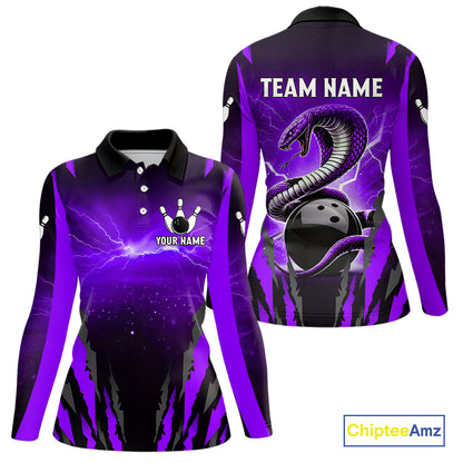 Personalized Purple Thunder Lightning Cobra Snake Bowling Shirts For Women, Bowling Team Jersey TDM4645