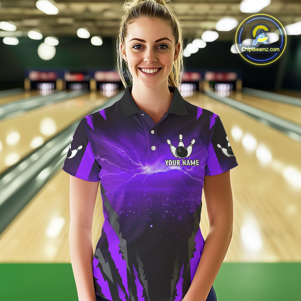 Personalized Purple Thunder Lightning Cobra Snake Bowling Shirts For Women, Bowling Team Jersey TDM4645