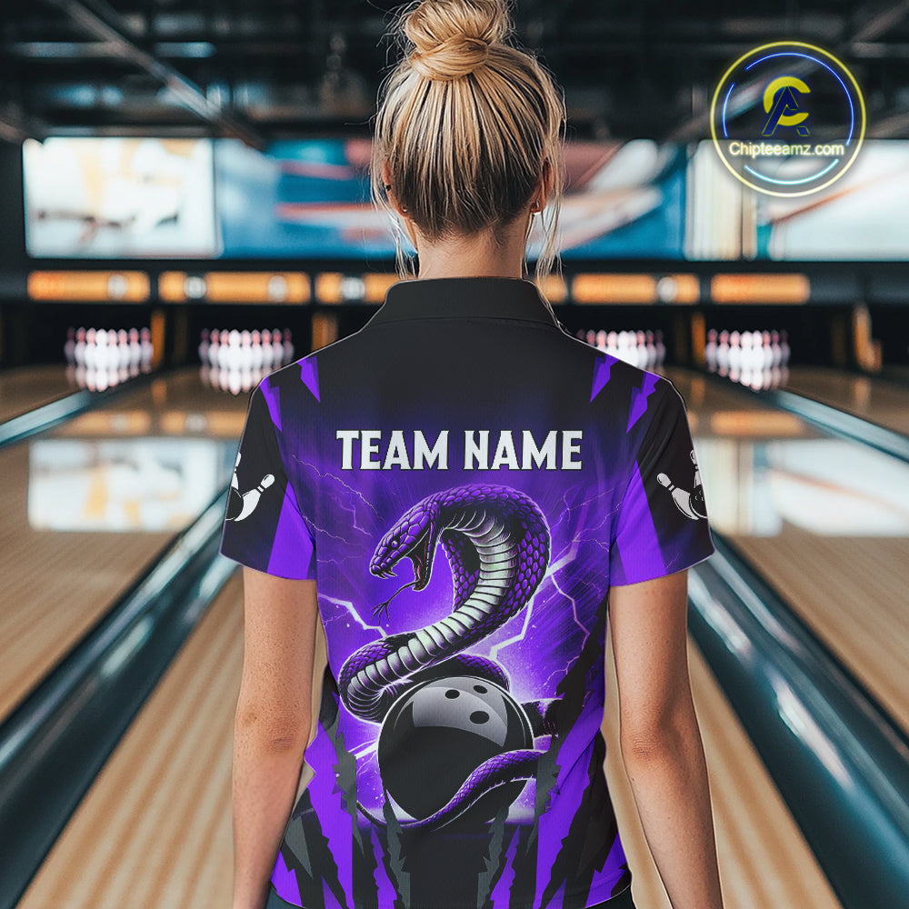 Personalized Purple Thunder Lightning Cobra Snake Bowling Shirts For Women, Bowling Team Jersey TDM4645