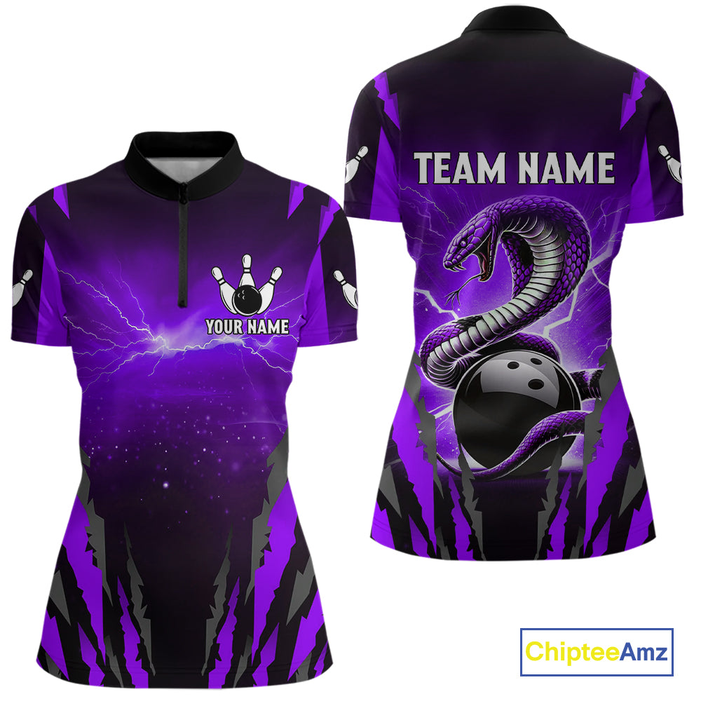 Personalized Purple Thunder Lightning Cobra Snake Bowling Shirts For Women, Bowling Team Jersey TDM4645