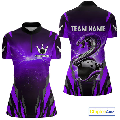 Personalized Purple Thunder Lightning Cobra Snake Bowling Shirts For Women, Bowling Team Jersey TDM4645