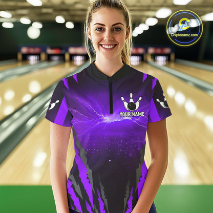 Personalized Purple Thunder Lightning Cobra Snake Bowling Shirts For Women, Bowling Team Jersey TDM4645