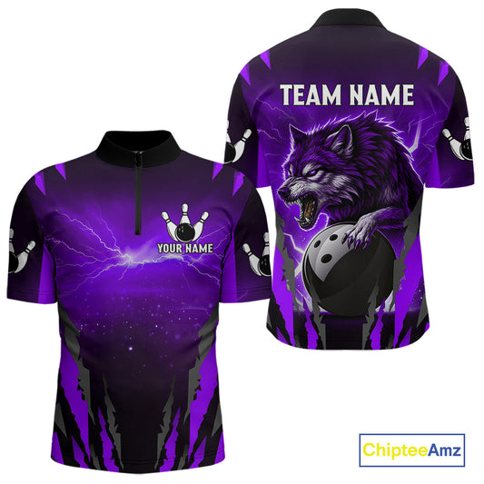 Purple Thunder Lightning Custom Wolf Bowling Shirts For Men, Bowling Team Jersey Polo & 1/4 Zip TDM4646