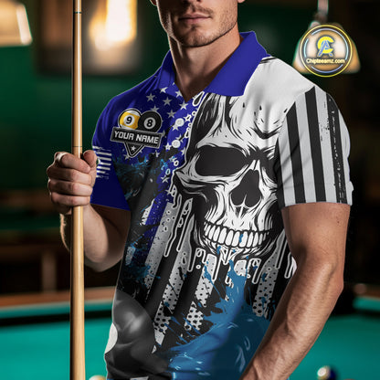 Personalized 8 & 9 Ball Pool Skull Billiard Shirt For Men Custom Grunge Billiard Team Jersey |Blue TDM4648