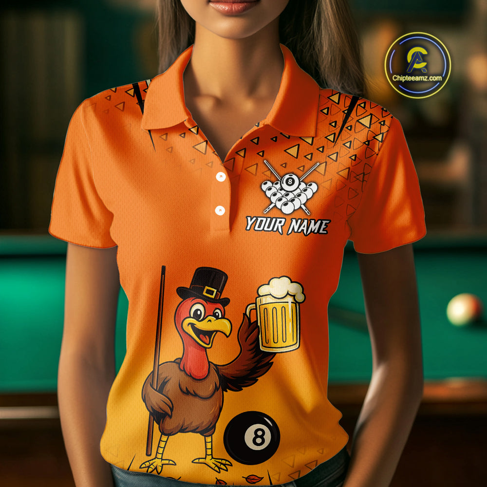 Orange Funny Turkey 8 Ball Pool Billiard Shirt For Women Custom Thanksgiving Billiard Jersey TDM4836