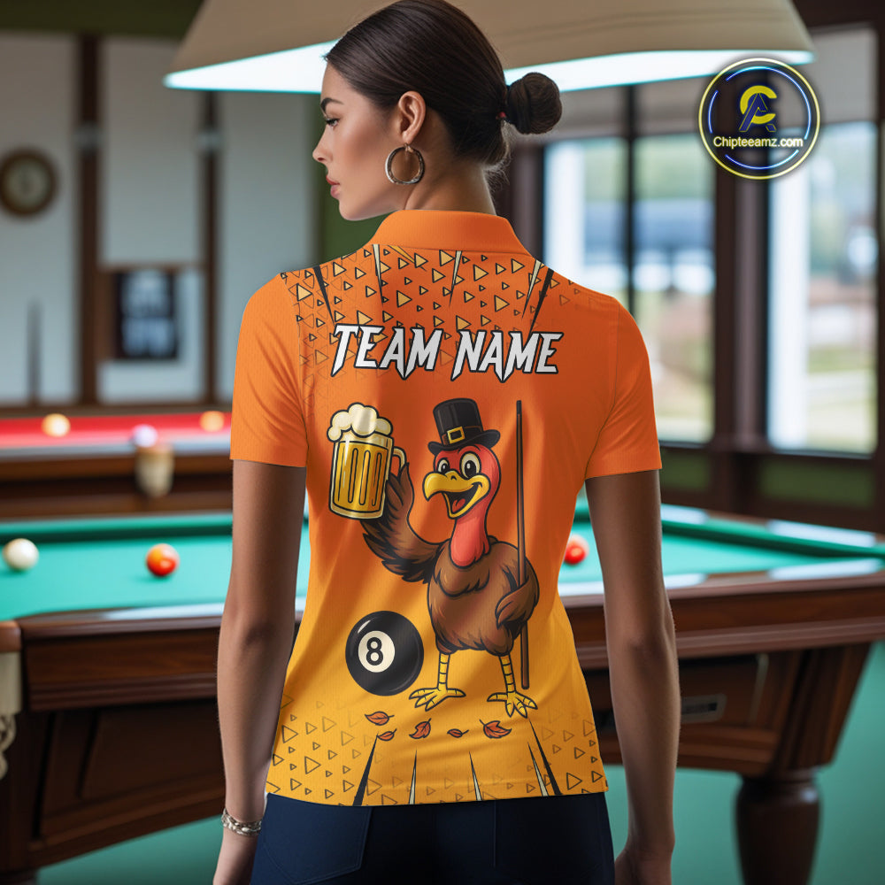 Orange Funny Turkey 8 Ball Pool Billiard Shirt For Women Custom Thanksgiving Billiard Jersey TDM4836