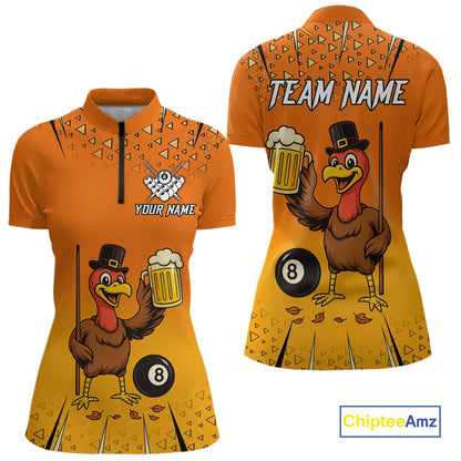 Orange Funny Turkey 8 Ball Pool Billiard Shirt For Women Custom Thanksgiving Billiard Jersey TDM4836