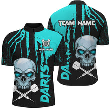 Load image into Gallery viewer, Turquoise Grunge Custom Skull Dart Shirts For Men, Scary Darts Jerseys, Darts League Team Shirts TDM2796