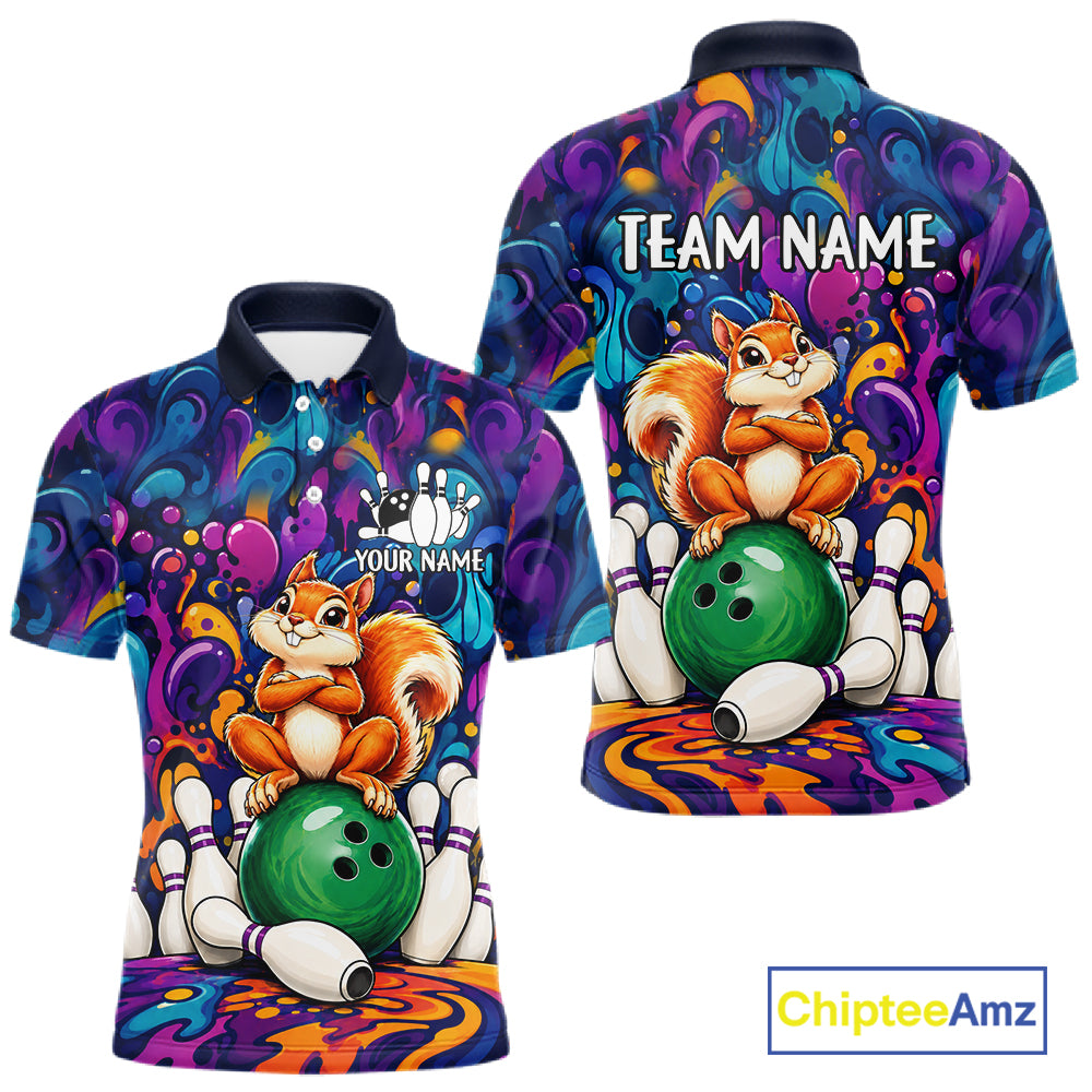 Personalized Colorful Funny Squirrel Bowling Shirt For Men, Bowling Team Jersey Polo & 1/4 Zip TDM7964