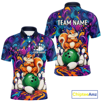 Personalized Colorful Funny Squirrel Bowling Shirt For Men, Bowling Team Jersey Polo & 1/4 Zip TDM7964