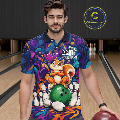 Personalized Colorful Funny Squirrel Bowling Shirt For Men, Bowling Team Jersey Polo & 1/4 Zip TDM7964