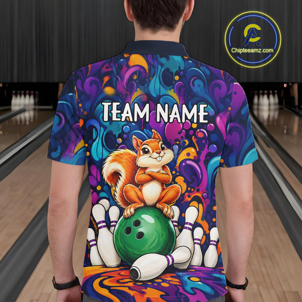 Personalized Colorful Funny Squirrel Bowling Shirt For Men, Bowling Team Jersey Polo & 1/4 Zip TDM7964