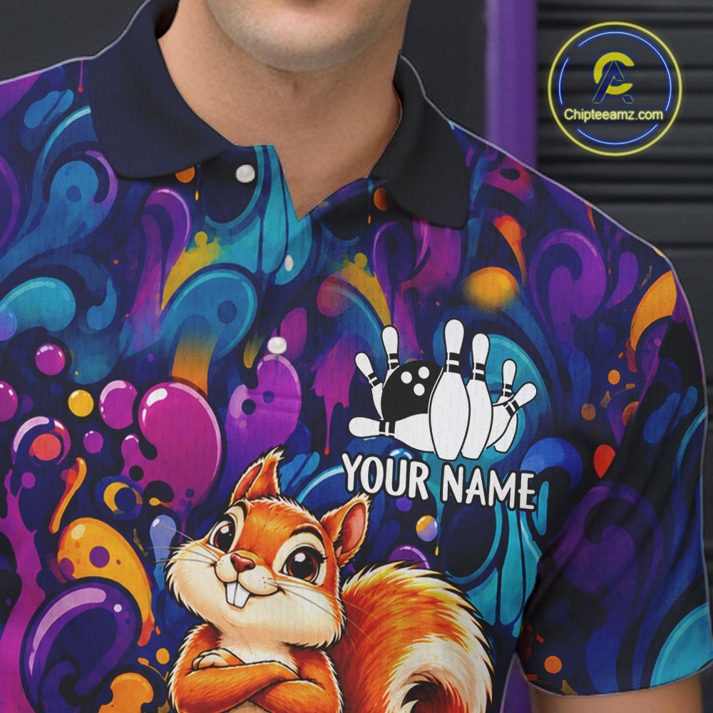 Personalized Colorful Funny Squirrel Bowling Shirt For Men, Bowling Team Jersey Polo & 1/4 Zip TDM7964