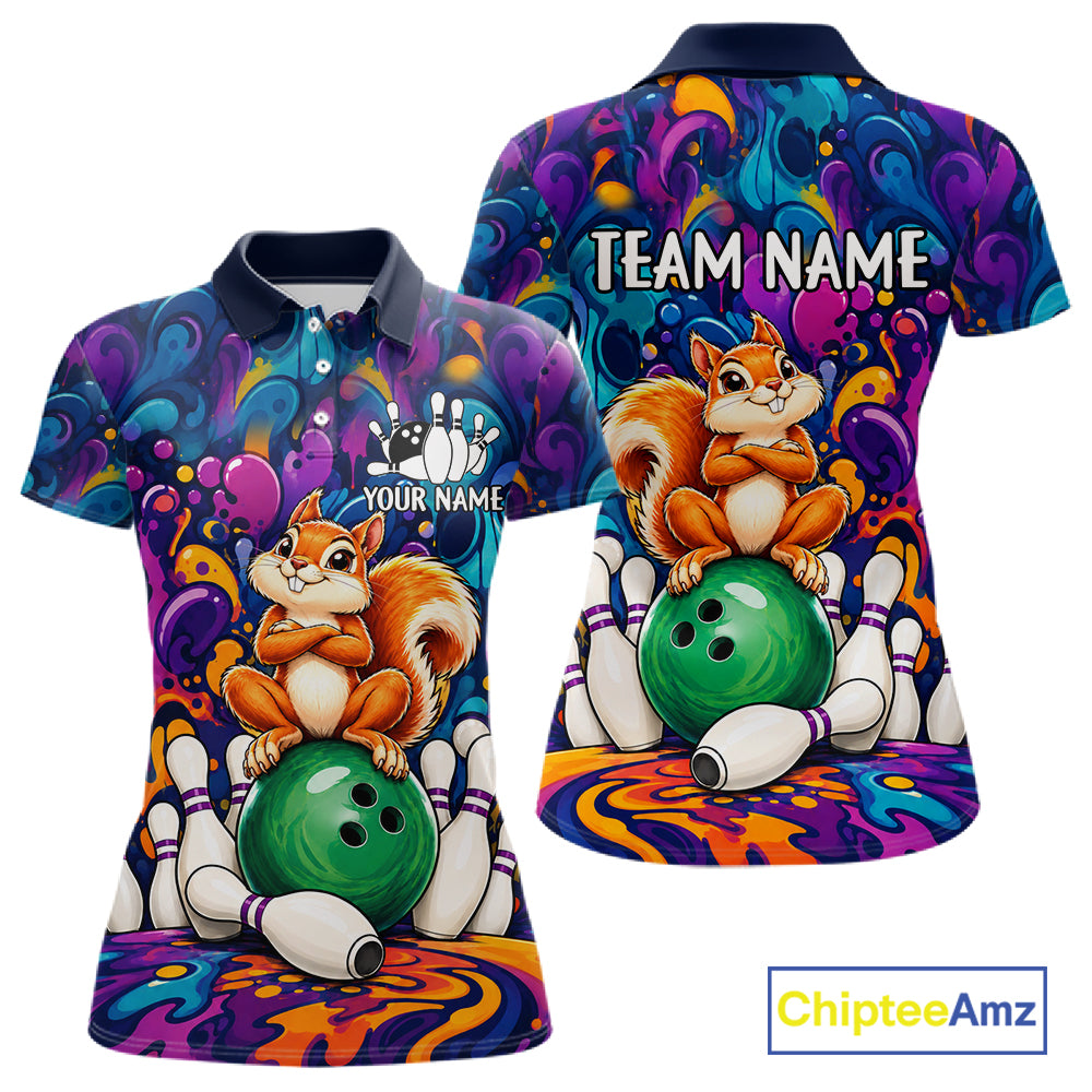 Personalized Colorful Funny Squirrel Bowling Shirt For Women, Bowling Team Jersey Polo & 1/4 Zip TDM7964