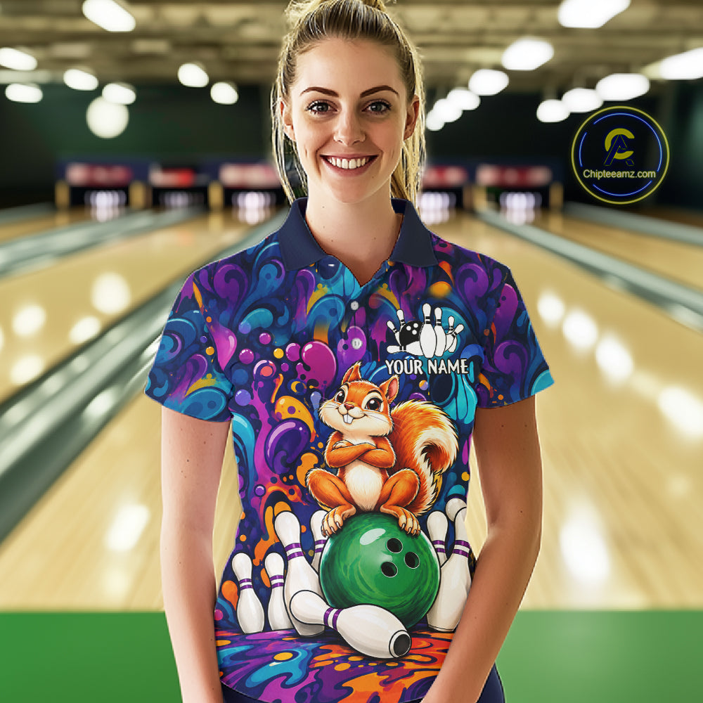 Personalized Colorful Funny Squirrel Bowling Shirt For Women, Bowling Team Jersey Polo & 1/4 Zip TDM7964