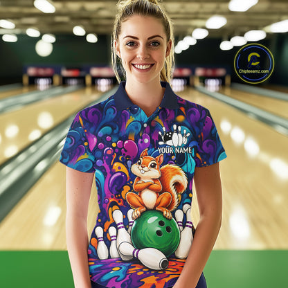Personalized Colorful Funny Squirrel Bowling Shirt For Women, Bowling Team Jersey Polo & 1/4 Zip TDM7964
