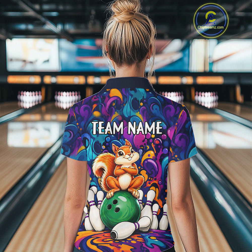 Personalized Colorful Funny Squirrel Bowling Shirt For Women, Bowling Team Jersey Polo & 1/4 Zip TDM7964