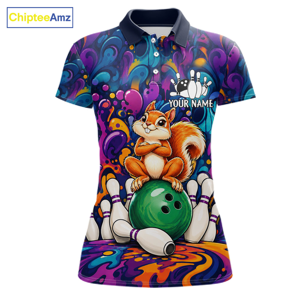 Personalized Colorful Funny Squirrel Bowling Shirt For Women, Bowling Team Jersey Polo & 1/4 Zip TDM7964